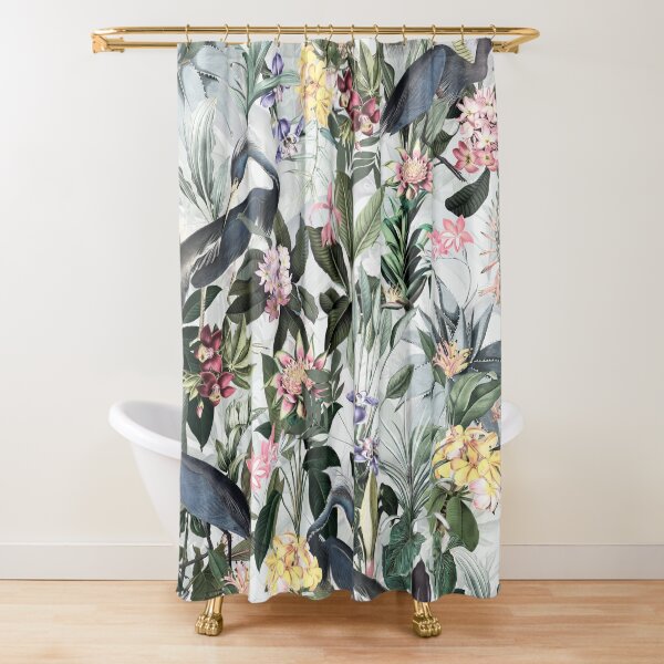 Vintage Pattern - Blue heron and tropical flowers - gray Shower Curtain