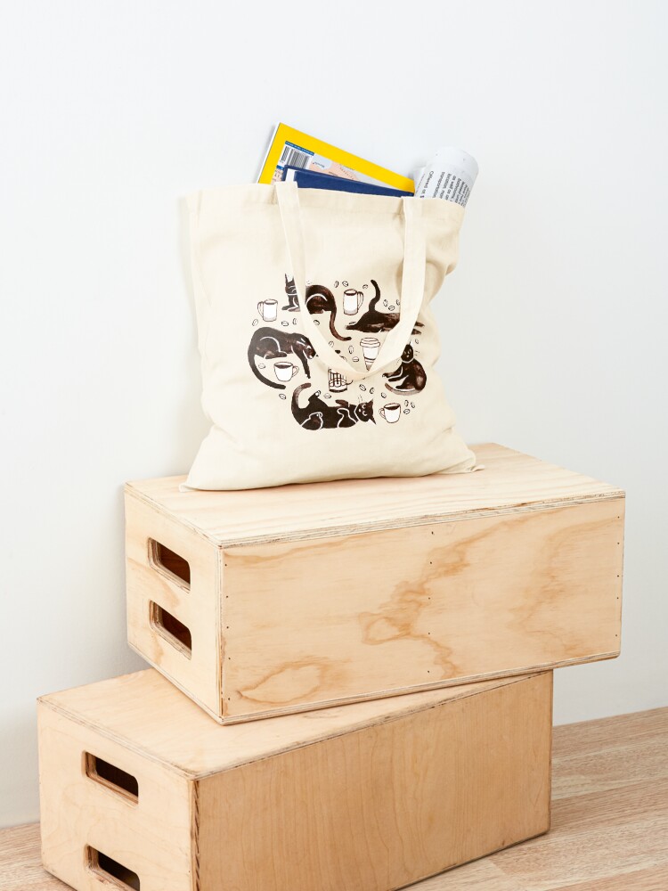 Thumbnail 4 of 5, Tote Bag, Gouache Black Cats & Coffee designed and sold by TigaTiga.