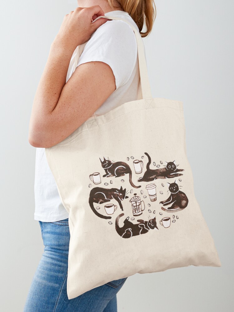 Thumbnail 1 of 5, Tote Bag, Gouache Black Cats & Coffee designed and sold by TigaTiga.
