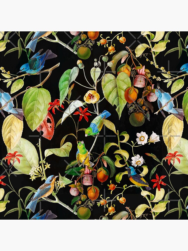 Vintage tropical sing birds and fruits pattern black by UtArt