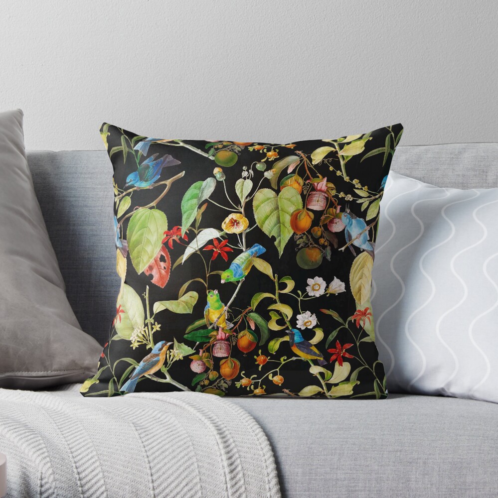 Vintage tropical sing birds and fruits pattern black Throw Pillow