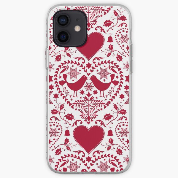 Scandinavian Folk Art With Birds Red White Pattern iPhone Soft Case