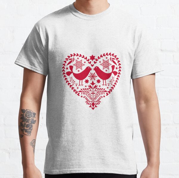 Scandinavian Folk Art With Birds Red White Pattern Classic T-Shirt