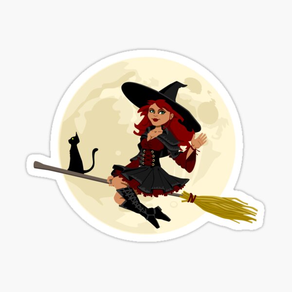 Vista previa del artículo con la obra «Bruja buena con gato negro en escoba saludando», diseñado y vendido por MonkeyBusinessC.