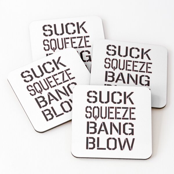 SUCK, SQUEEZE, BANG, BLOW. 4 stroke engine, Car, Jet engine, Internal combustion. Coasters (Set of 4)
