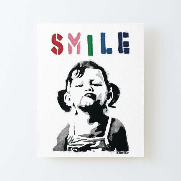 Banksy-Graffiti Zitieren Sie SMILE mit einem nicht lächelnden Mädchen Aufgezogener Druck auf Leinwandkarton