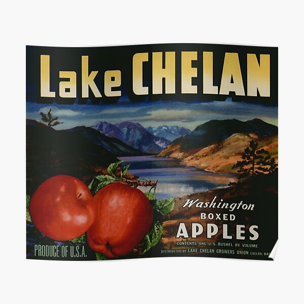 Vintage Food Crate Label Lake Chelan Boxed Washington Apples Fruit Vegetable Produce Art Antique Retro Artwork Old Sign Poster