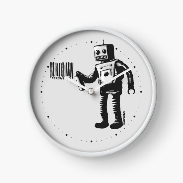 Banksy smiling Robot and barcodes Better Out Than In New York City residency black and white HD HIGHT QUALITY ONLINE STORE Clock