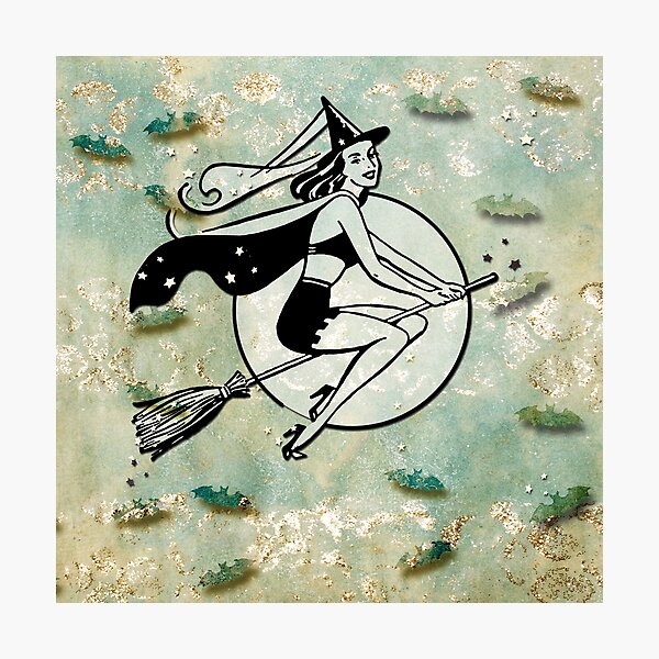Fun Retro Halloween Witch On Her Broomstick Photographic Print