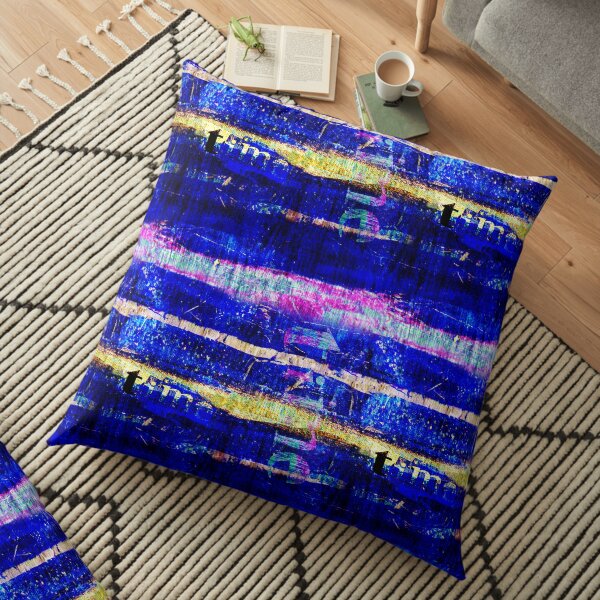 Indigo, pink and gold acrylic style digital painting with grunge typography in striped geometric design Floor Pillow