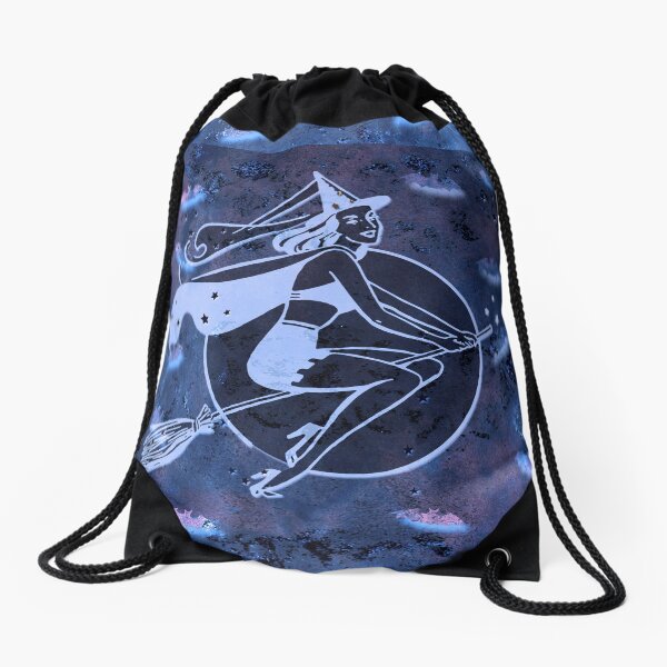 Fun Retro Halloween Witch On Her Broomstick Drawstring Bag