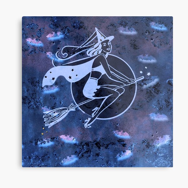 Fun Retro Halloween Witch On Her Broomstick Metal Print