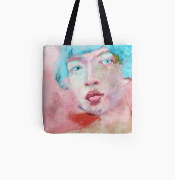 Zeitgenoessische Kunst. Frauen Portrait, asiatisch, mit blauen Haaren. Liebeskummer Allover-Print Tote Bag