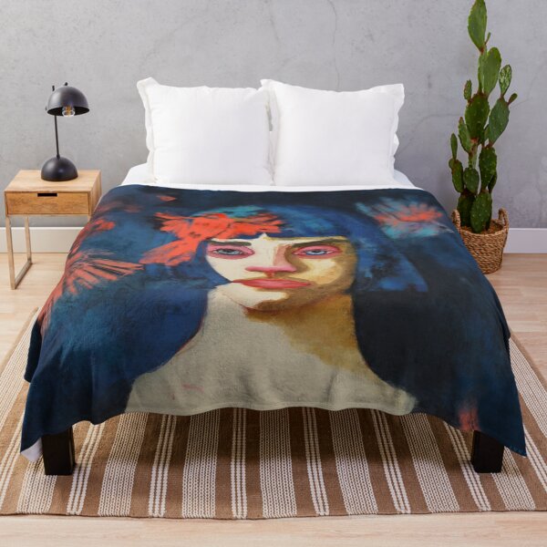 Item preview, Birds. Expressive woman portrait. Flying Cardinals. Blue. Red. designed and sold by Anna Dianda.