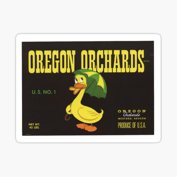 Item preview, Vintage Food Crate Label Oregon Orchards Duck Umbrella Fruit Vegetable Produce Art Antique Retro Artwork Old Sign designed and sold by ⭐⭐⭐⭐⭐ Art Geeky.