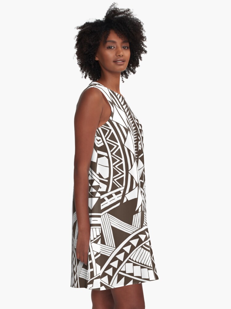Dark brown white Samoan Polynesian tribal design A-Line Dress