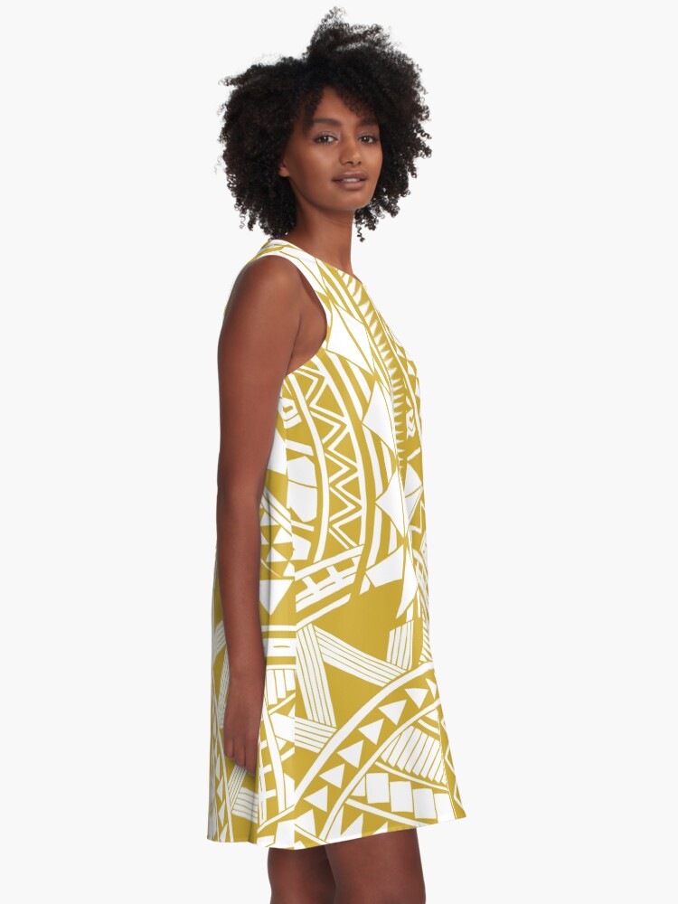 Golden white Samoan Polynesian tribal design A-Line Dress