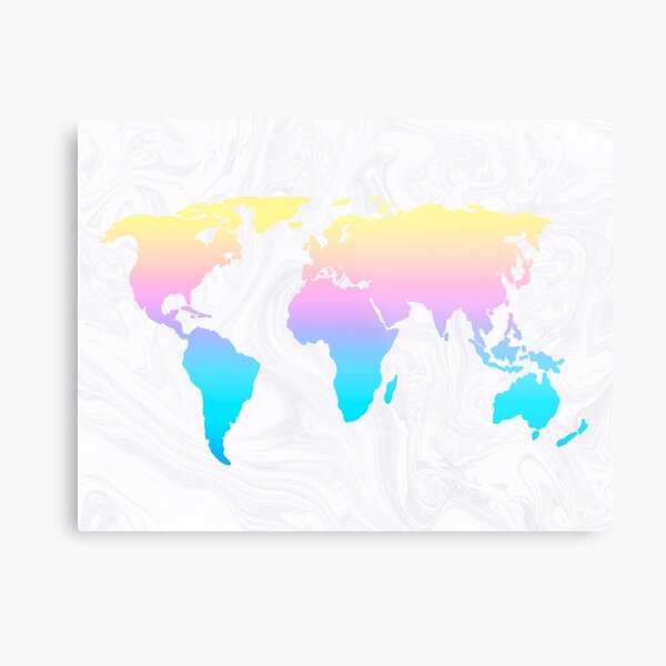 Pastel Rainbow Aesthetic World Map on White Marble Metal Print