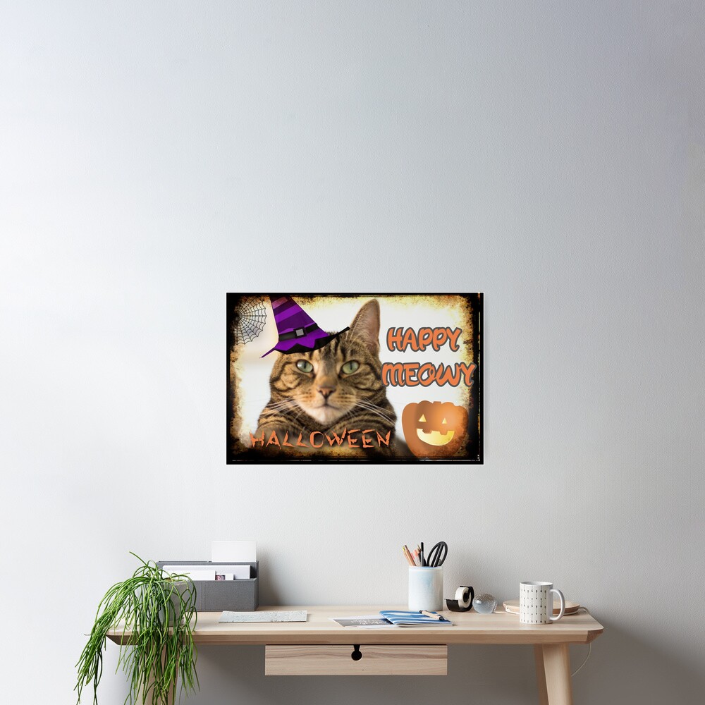Happy Meowy Halloween Art Cat Witch Hat Poster