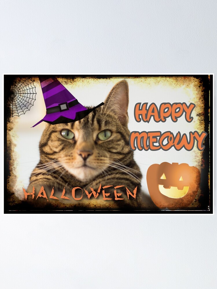 Alternate view of Happy Meowy Halloween Art Cat Witch Hat Poster