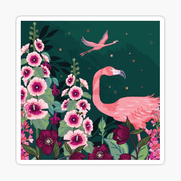 Flying Flamingo over the Hollyhocks Sticker