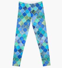 Cobalt Blue, Aqua & Gold Decorative Moroccan Tile Pattern Leggings