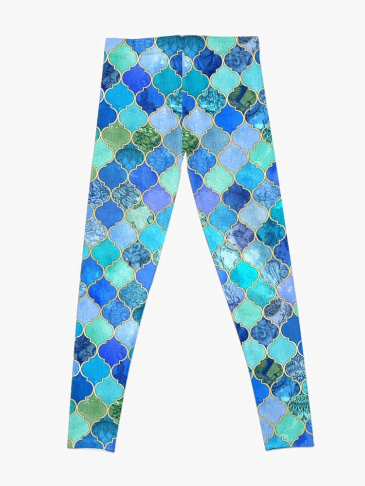Alternate view of Cobalt Blue, Aqua & Gold Decorative Moroccan Tile Pattern Leggings