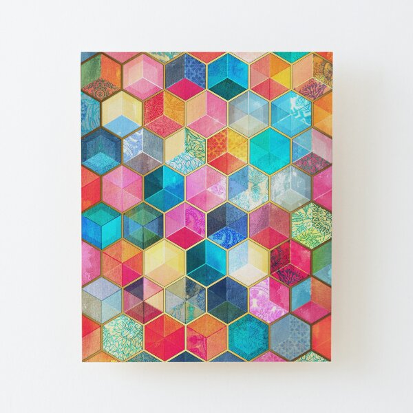 Crystal Bohemian Honeycomb Cubes - colorful hexagon pattern Wood Mounted Print