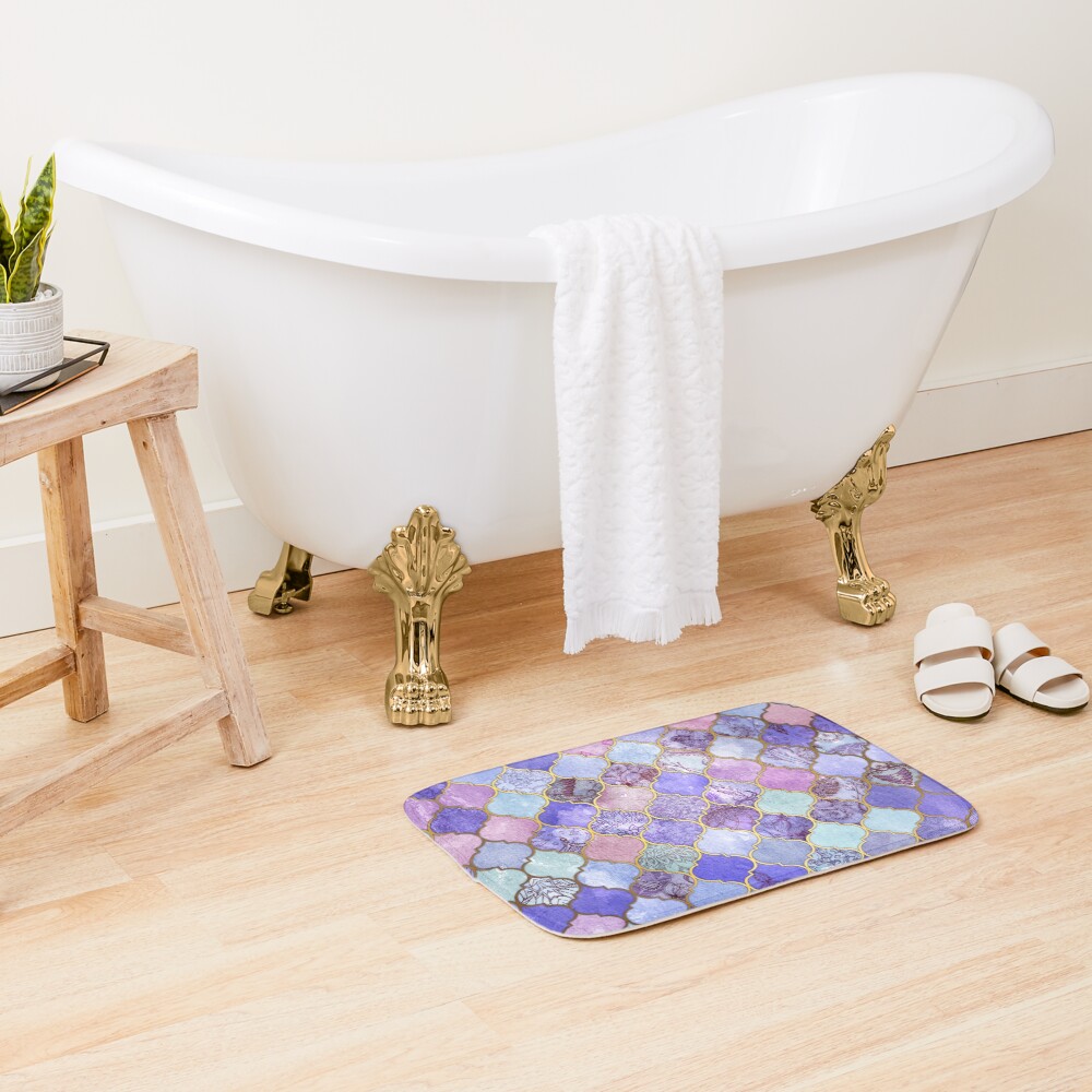 Royal Purple, Mauve & Indigo Decorative Moroccan Tile Pattern Bath Mat