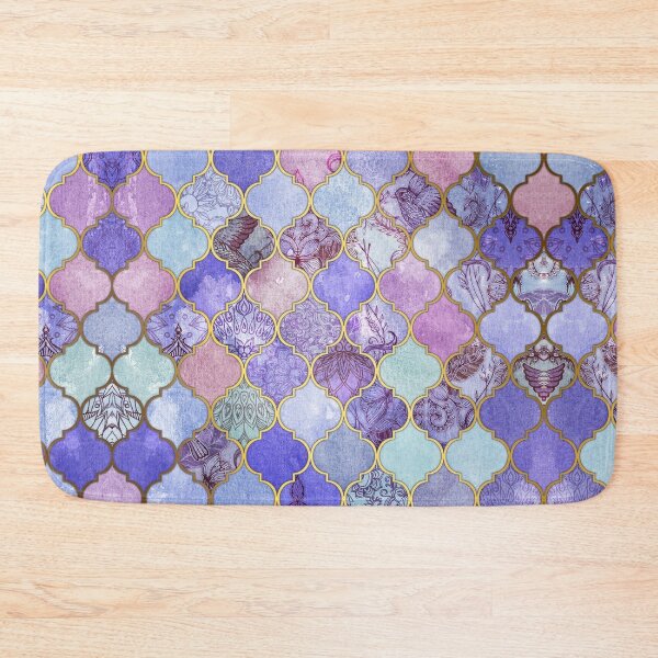 Bohemian Bath Mat and Rug, Violet Lavender, Purple and Silver