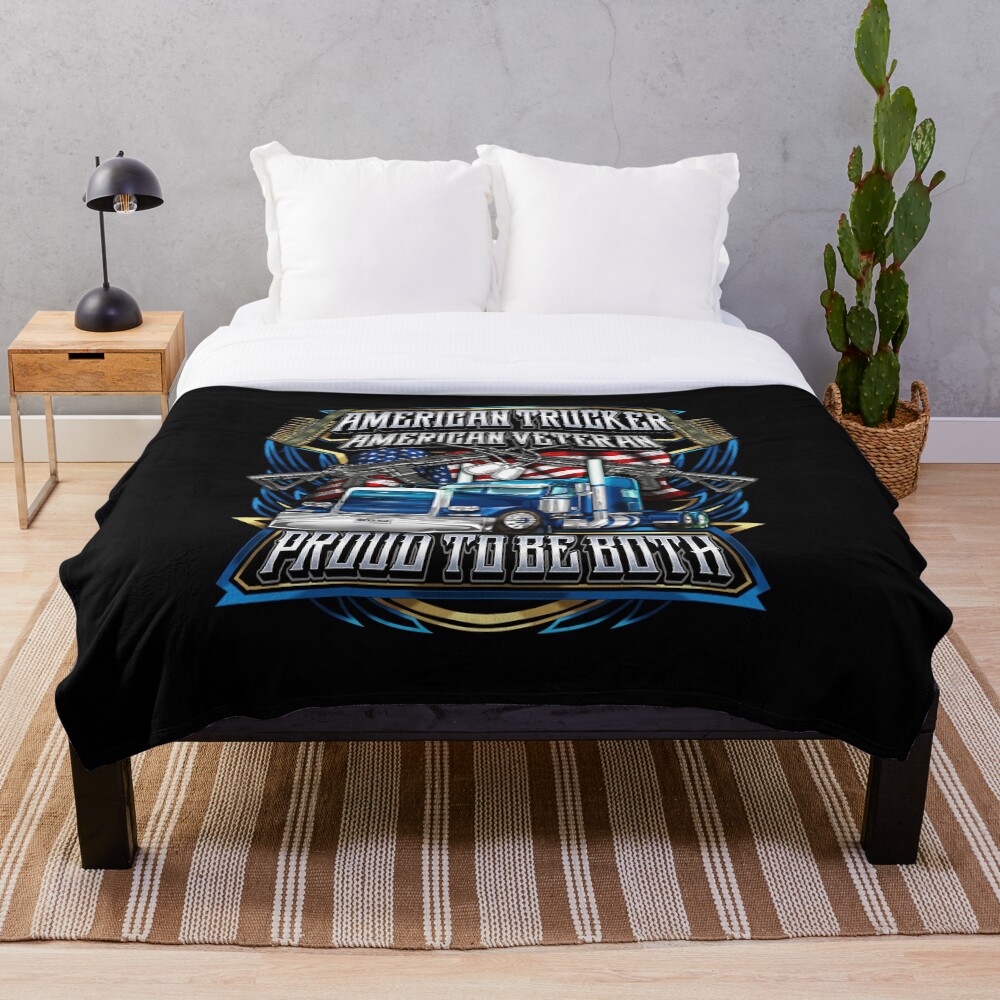 "American Trucker American Veteran Trucker" Throw Blanket for Sale by