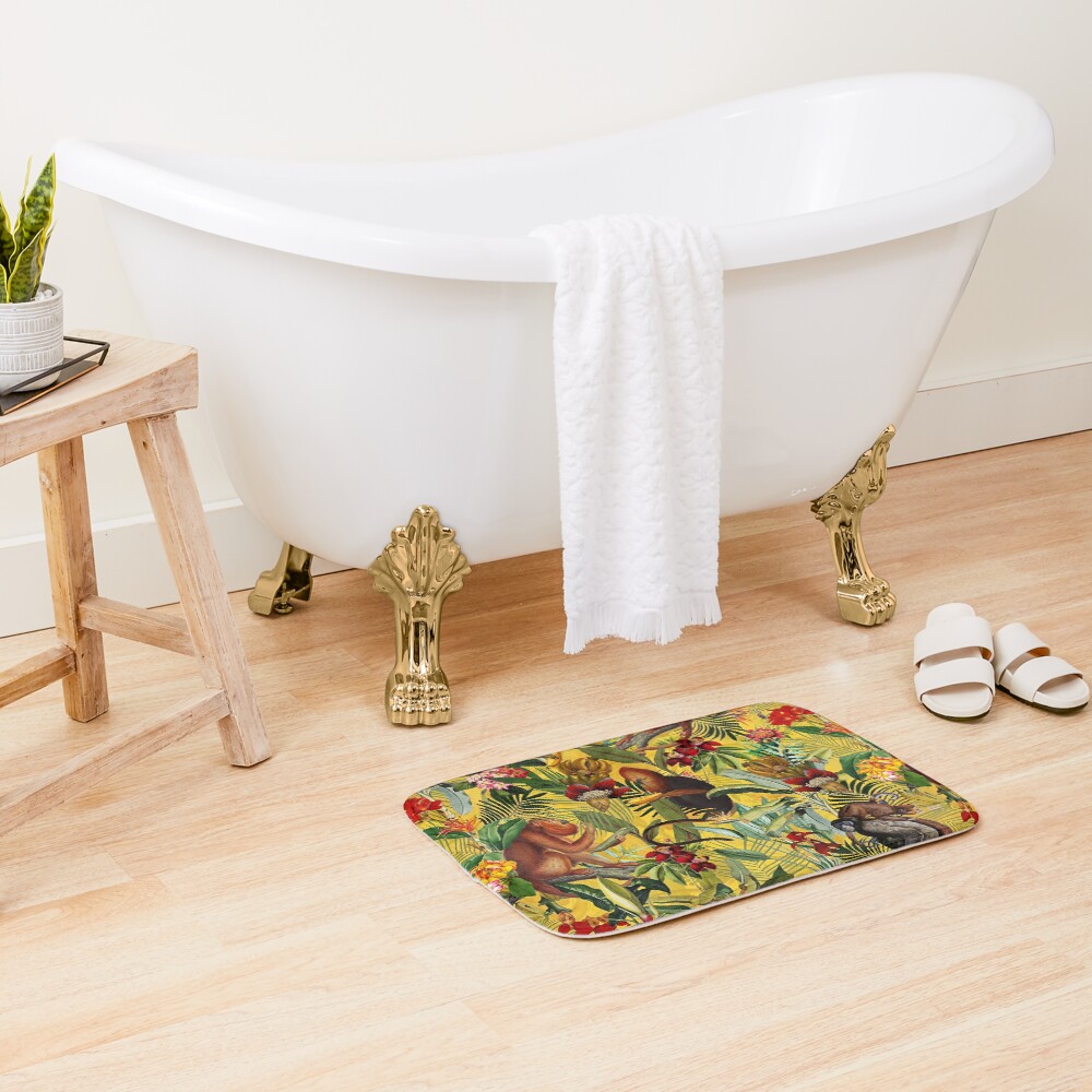 Tropical monkey jungle pattern - yellow Bath Mat