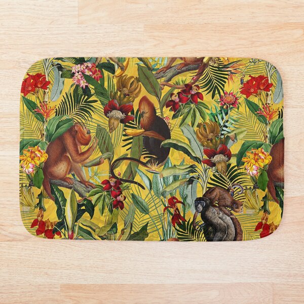 Tropical monkey jungle pattern - yellow Bath Mat