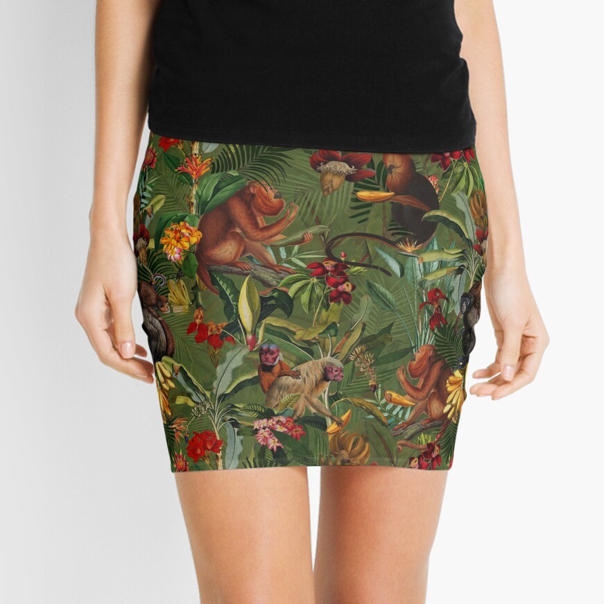 Tropical monkey jungle pattern - dark green Mini Skirt