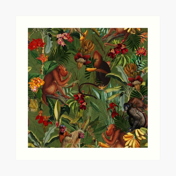 Tropical monkey jungle pattern - dark green Art Print