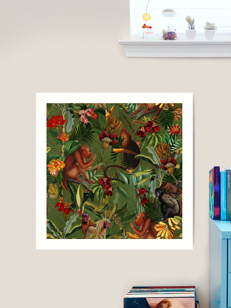 Tropical monkey jungle pattern - dark green Botanical Night Garden