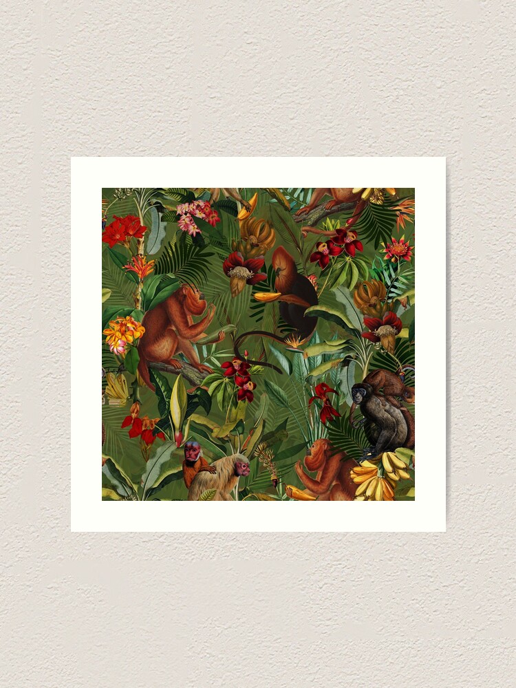 Alternate view of Tropical monkey jungle pattern - dark green Art Print