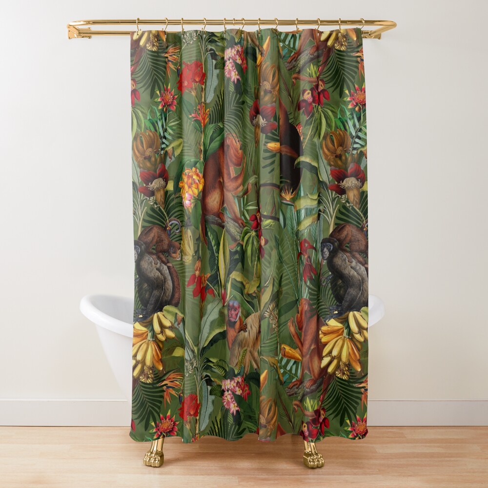 Brown Green Shower Curtain Wild Cute Monkey Print for Bathroom