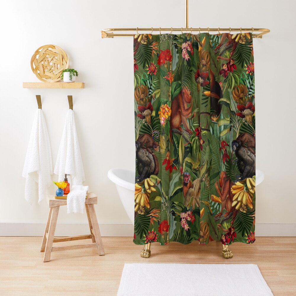 Tropical monkey jungle pattern - dark green Shower Curtain