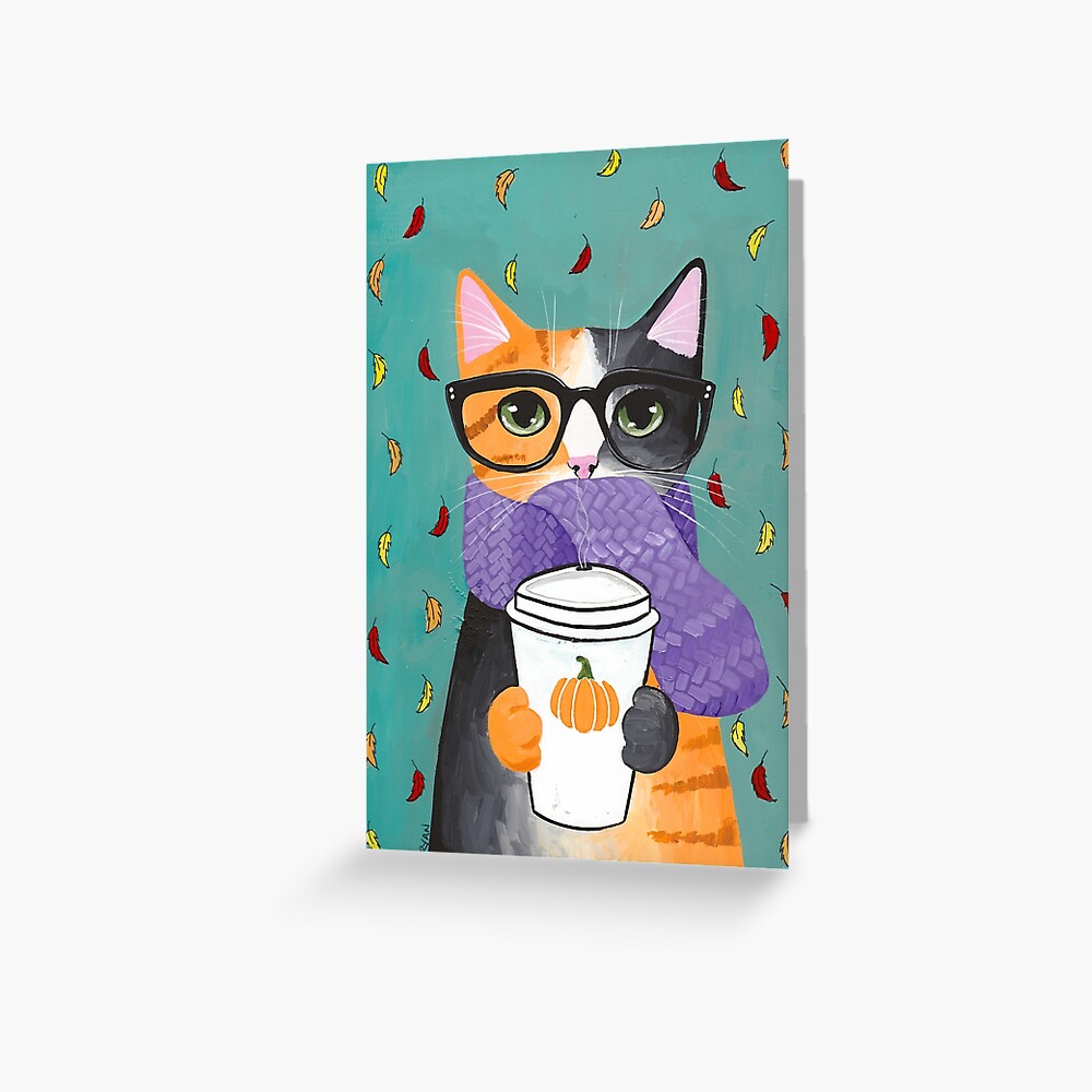 Calico Autumn Coffee Cat Greeting Card
