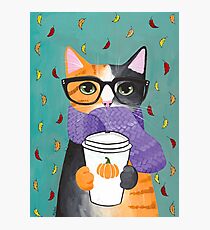 Calico Autumn Coffee Cat Photographic Print