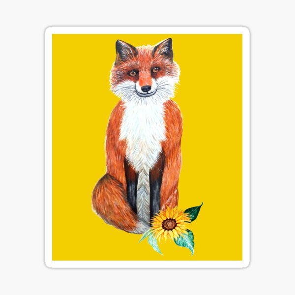 fox on yellow with sunflower Sticker