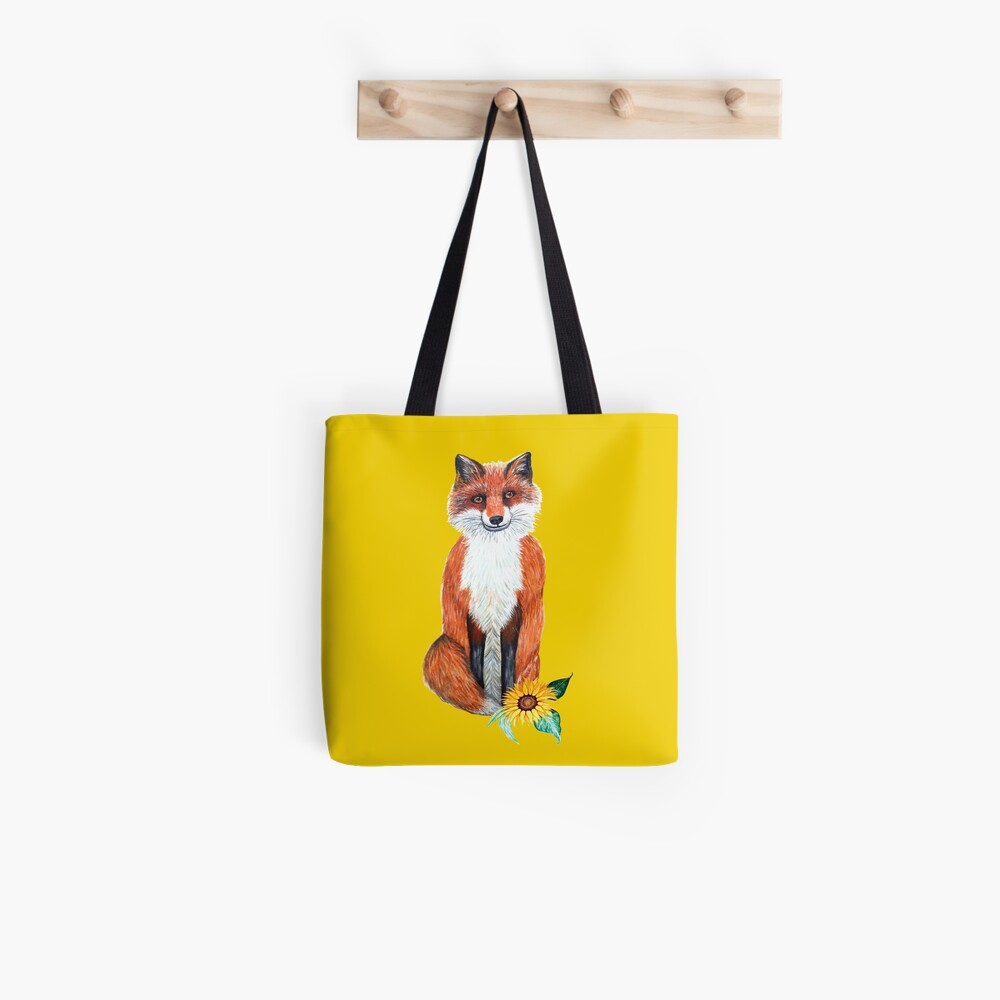 fox on yellow with sunflower Tote Bag