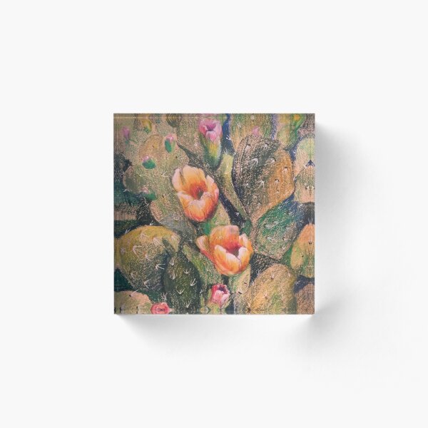 "Blossoms & Cacti" oil pastel Acrylic Block