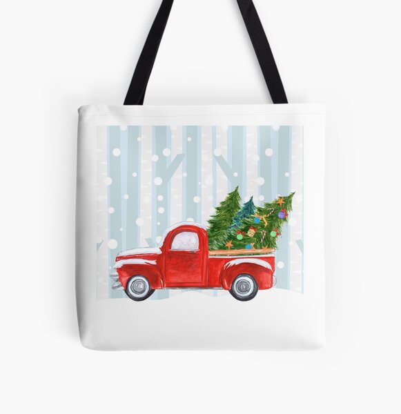 Red PickUp Truck Snowy Background All Over Print Tote Bag