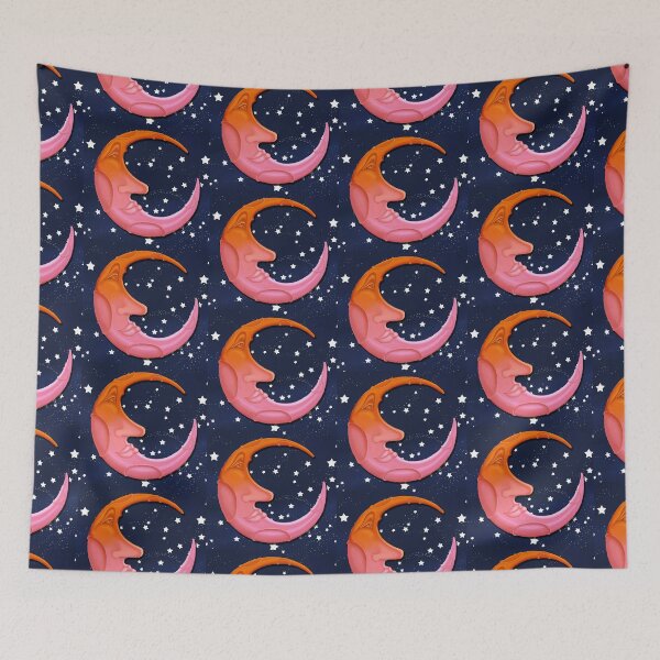 Item preview, Orange and Pink Ombre Crescent Man in the Moon on Stary Background Digital Painting designed and sold by Nicolette Olivier.