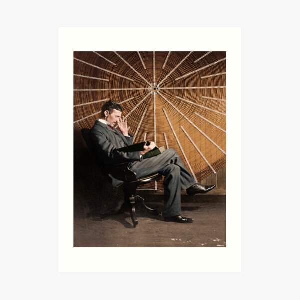 Nikola Tesla in front of a spiral coil Art Print