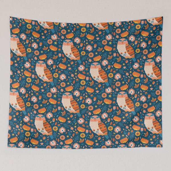 Item preview, Folk Art Owl on Blue designed and sold by latheandquill.