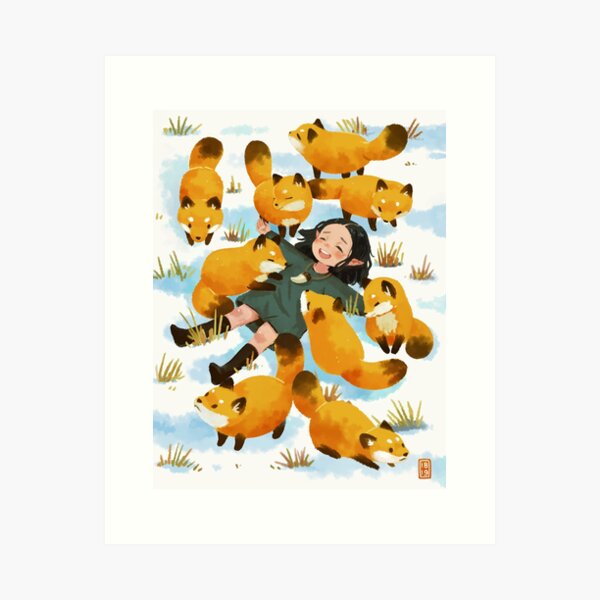 Snuggles with foxes Art Print