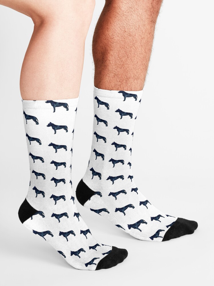 Alternate view of American Staffordshire Bull Terrier Dog Breed Silhouette Black Indigo Blue Watercolor Socks